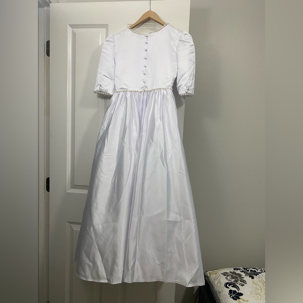 A-Line Floor Length First Communion Girls dress Satin with Faux Pearl